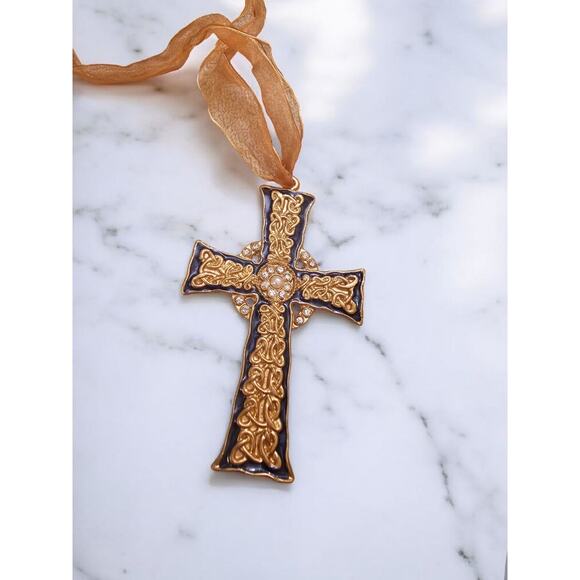 1980s Celtic Style Cross Faux Pearls Rhinestones Religious Decor Or Amulet - Picture 1 of 6